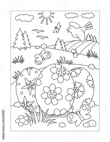 Easter holiday themed coloring page with 3 painted eggs in rural scene
