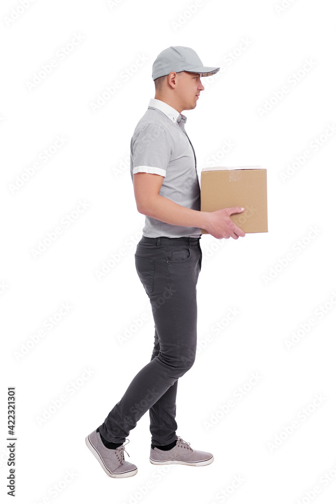 deliveryman walking with box isolated on white background deliveryman walking with box isolated on white background