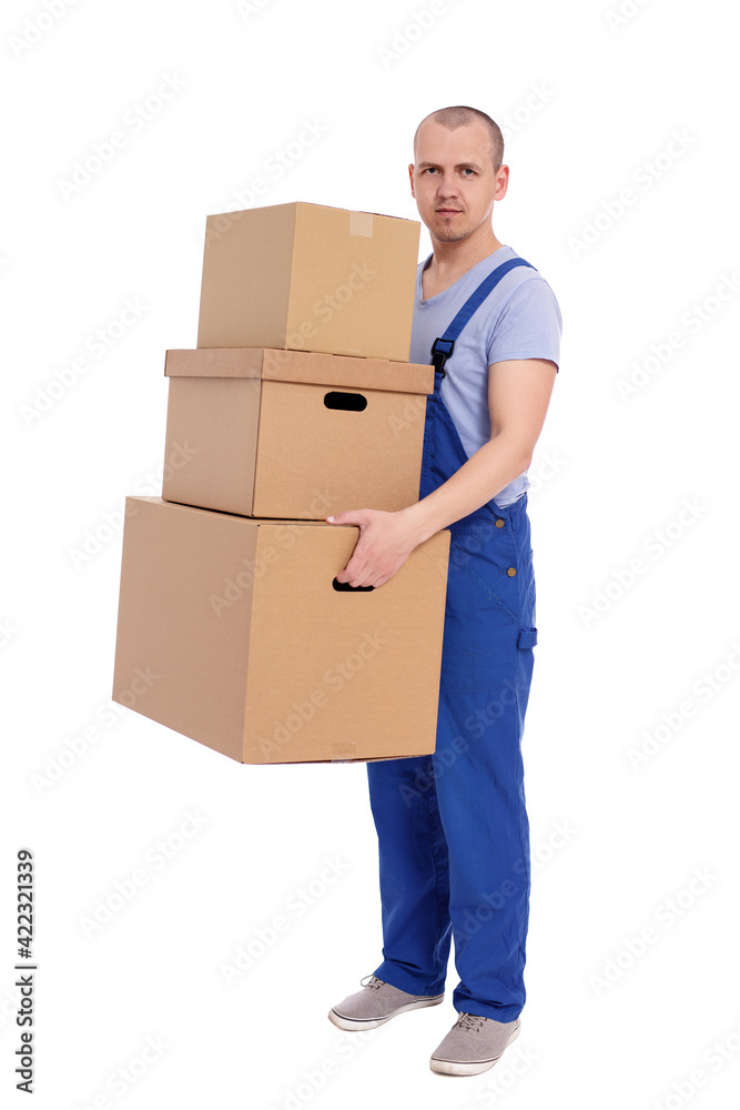 portrait of man loader in uniform with heap of boxes isolated on white portrait of man loader in uniform with heap of boxes isolated on white
