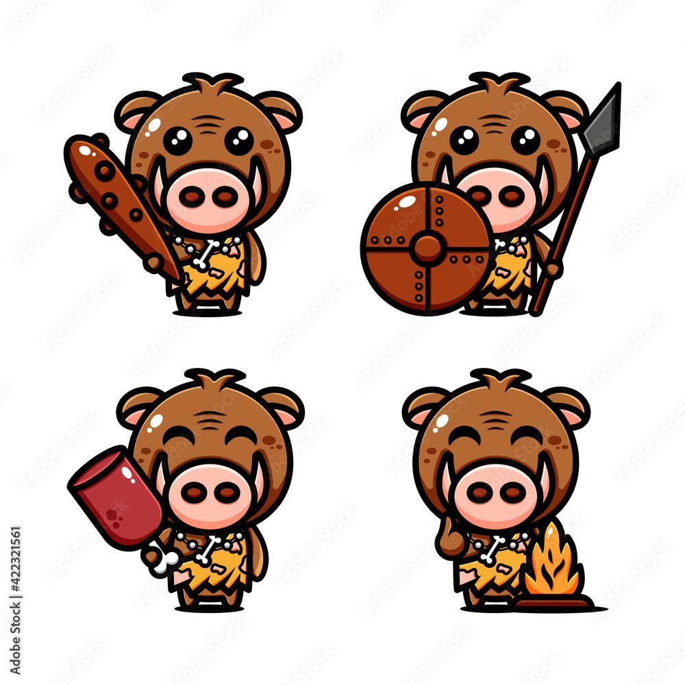 cute primitive pig character design themed ancient life of pigs