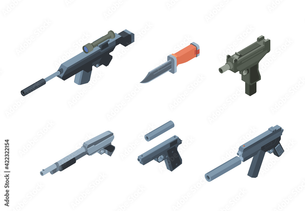 Isometric weapons. Automatic gun arms for warriors modern soldiers equipment for explosions garish vector different weapons