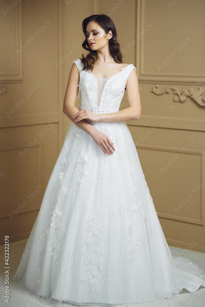 Bride in beautiful dress standing indoors interior at home. Trendy wedding style shot. Wedding makeup and hairstyle. Beautiful Bride in the morning. Bride in beautiful dress standing indoors interior at home. Trendy wedding style shot. Wedding makeup and hairstyle. Beautiful Bride in the morning.