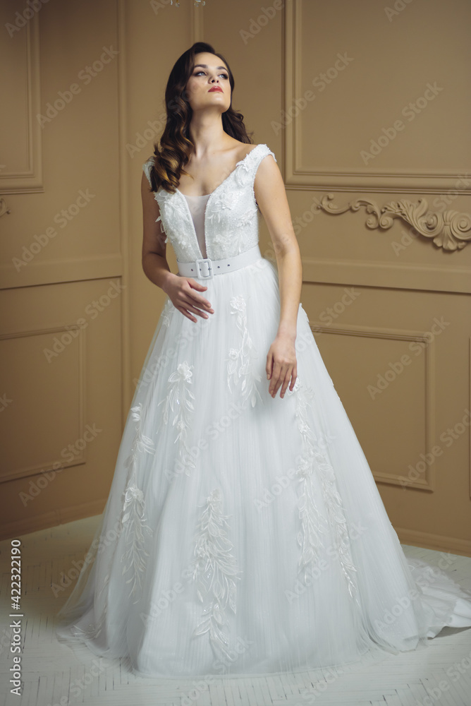 Bride in beautiful dress standing indoors interior at home. Trendy wedding style shot. Wedding makeup and hairstyle. Beautiful Bride in the morning. Bride in beautiful dress standing indoors interior at home. Trendy wedding style shot. Wedding makeup and hairstyle. Beautiful Bride in the morning.