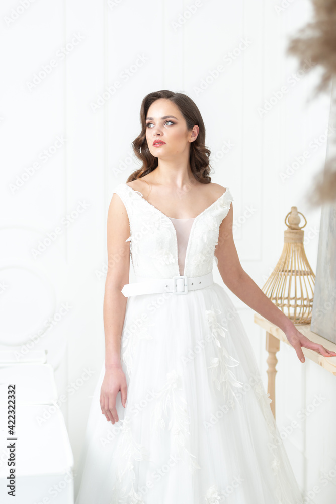 Bride in beautiful dress standing indoors interior at home. Trendy wedding style shot. Wedding makeup and hairstyle. Beautiful Bride in the morning. Bride in beautiful dress standing indoors interior at home. Trendy wedding style shot. Wedding makeup and hairstyle. Beautiful Bride in the morning.