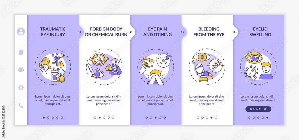 Emergency eye exam reasons onboarding vector template. Traumatic eye injury. Foreign body or chemical burn. Responsive mobile website with icons. Webpage walkthrough step screens. RGB color concept Emergency eye exam reasons onboarding vector template. Traumatic eye injury. Foreign body or chemical burn. Responsive mobile website with icons. Webpage walkthrough step screens. RGB color concept