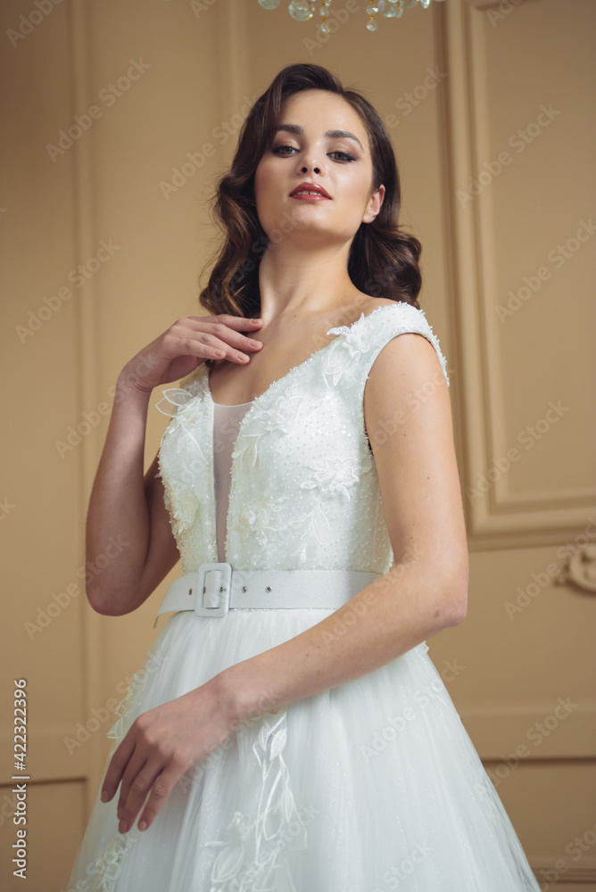 Bride in beautiful dress standing indoors interior at home. Trendy wedding style shot. Wedding makeup and hairstyle. Beautiful Bride in the morning. Bride in beautiful dress standing indoors interior at home. Trendy wedding style shot. Wedding makeup and hairstyle. Beautiful Bride in the morning.