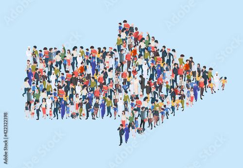 Fototapeta Naklejka Na Ścianę i Meble -  Crowd arrow. Success people walking in direction arrow shapes large growing group of persons garish vector marketing concept isometric illustration
