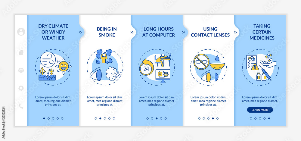 Dry eye causes onboarding vector template. Dry climate or windy weather outside. Being in smoke. Responsive mobile website with icons. Webpage walkthrough step screens. RGB color concept