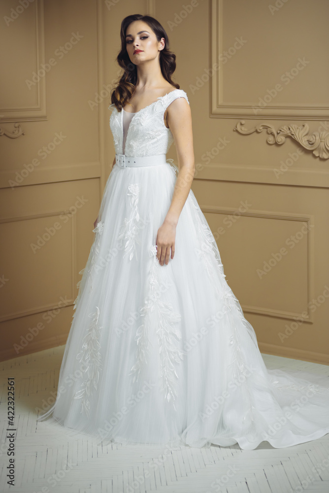 Bride in beautiful dress standing indoors interior at home. Trendy wedding style shot. Wedding makeup and hairstyle. Beautiful Bride in the morning. Bride in beautiful dress standing indoors interior at home. Trendy wedding style shot. Wedding makeup and hairstyle. Beautiful Bride in the morning.