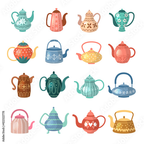 Kettle for hot drinks. Colored flat decorative kitchen ceramic pots recent vector illustrations set isolated