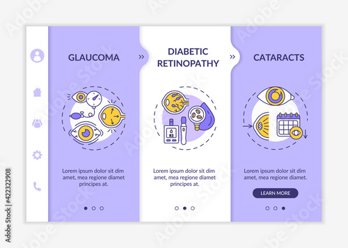 Adults eyes diseases onboarding vector template. Glaucoma treatment process. Special medicl help. Responsive mobile website with icons. Webpage walkthrough step screens. RGB color concept photo