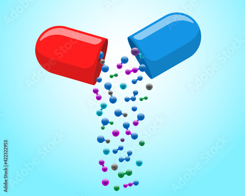 Medical capsule pill open with falling out colorful molecules. Medicine drug vitamin improve health concept. Red and blue pharmaceutical antibiotic halves with particles vector illustration