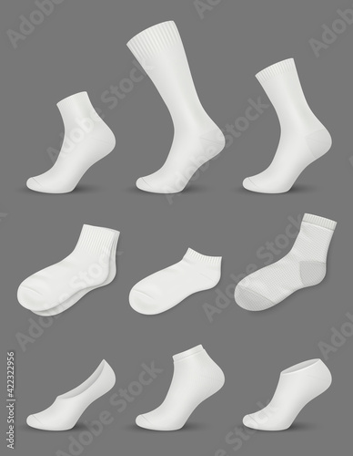 White socks. Collection of fashioned modern clothes for men white shoes socks mockup decent vector realistic set isolated