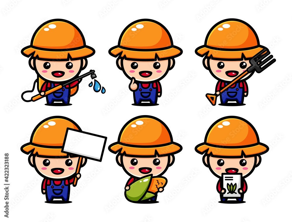 Cute farmer character design set with agricultural equipments Cute farmer character design set with agricultural equipments
