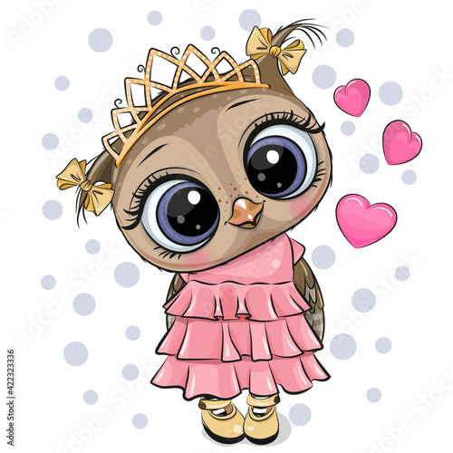 Owl Princess in a pink dress with hearts