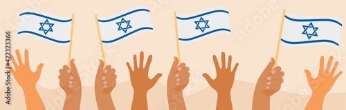 Happy Israel Independence Day banner, hands hold israel flag. Jewish National Holidays. Vector illustration
