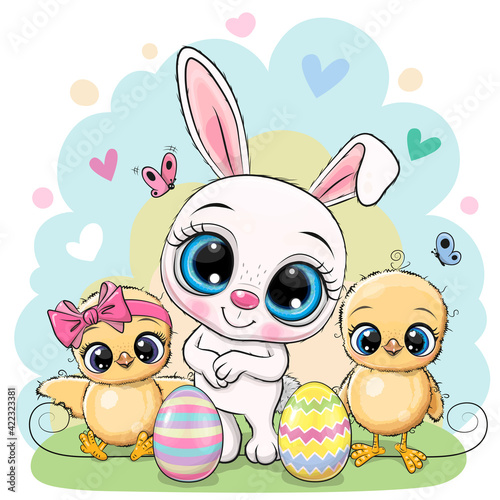 Two Cute chickens and Bunny