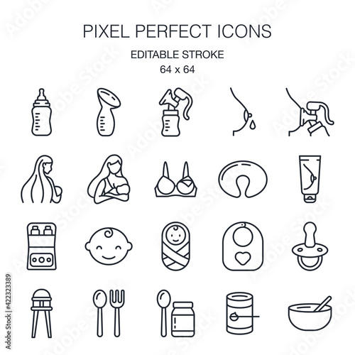 Baby lactation and nutrition. Breastfeeding related icons. Editable stroke outline icons pack isolated on white background vector illustration. Pixel perfect. 64 x 64.
