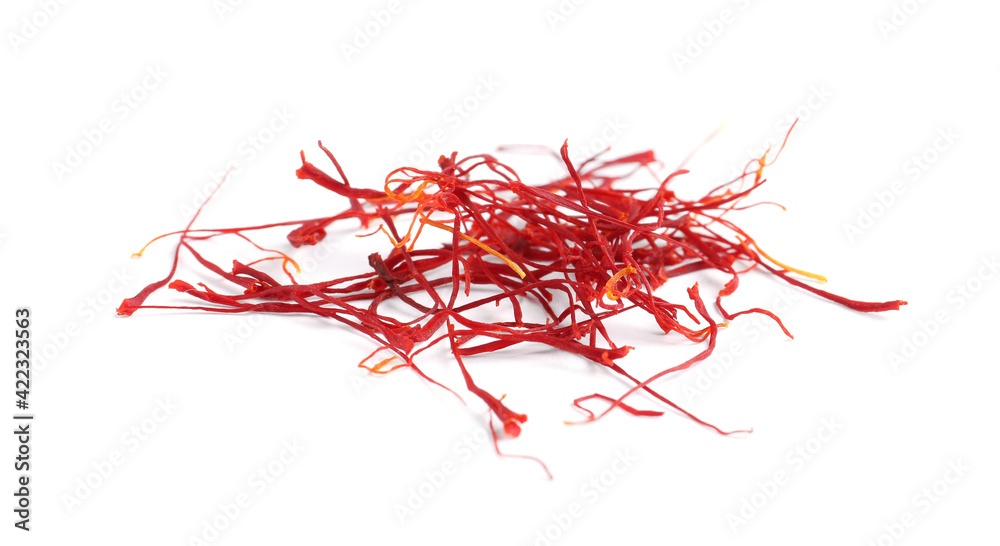 Naklejka premium Heap of aromatic saffron on white background