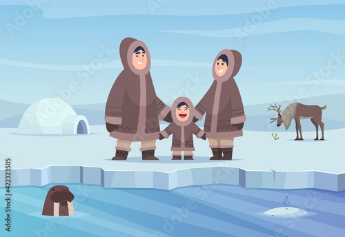 North pole background. Eskimo authentic people winter cold clothes happy characters exact vector cartoon landscape