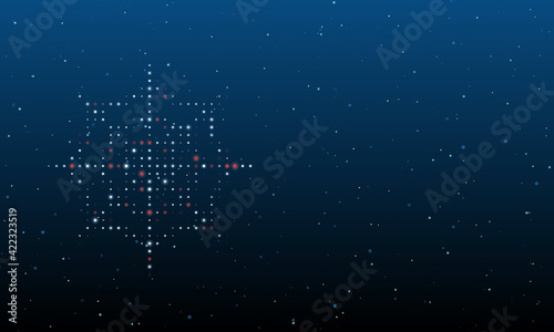 On the left is the spider web symbol filled with white dots. Background pattern from dots and circles of different shades. Vector illustration on blue background with stars
