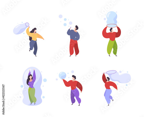 Soap bubbles. Kids active people attractions playing with soap bubbles garish vector illustrations collection various characters male and female