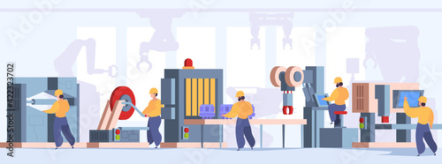 Manufacture line production. Operational systems engineer working industrial processes garish vector flat background illustration