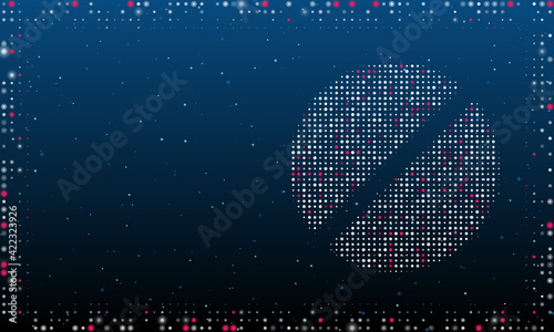 On the right is the pill symbol filled with white dots. Pointillism style. Abstract futuristic frame of dots and circles. Some dots is pink. Vector illustration on blue background with stars