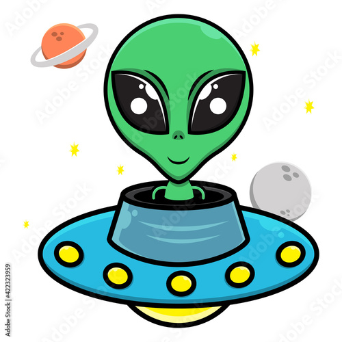 Cute Green Alien riding a UFO on the space, with moon, star and planet as a background, best for poster or decoration with outer space themes