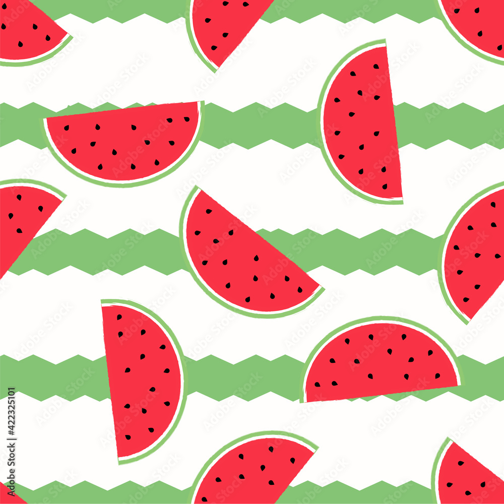 Watermelon pattern. Vector background with watermelon slices. With green abstract zigzag stripes Watermelon pattern. Vector background with watermelon slices. With green abstract zigzag stripes