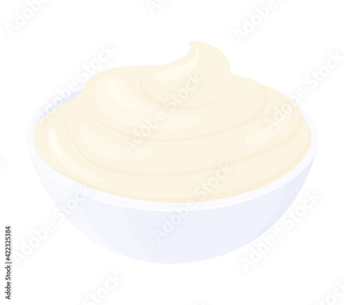 Cartoon mayonnaise in small round bowl. Creamy sauce isolated on white background, side view.Condiment in ramekin vector illustration.