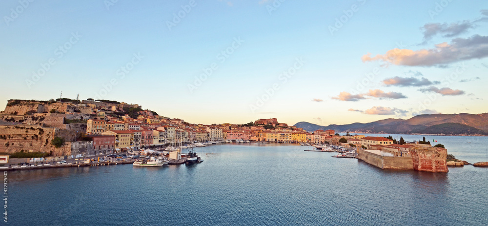 A view of Portoferraio, on the island of Elba in Italy, taken from the sea and showing its harbor.