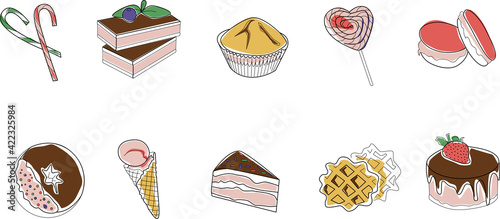 Color hand drawn illustration. Set of bakery and sweets wirh outline