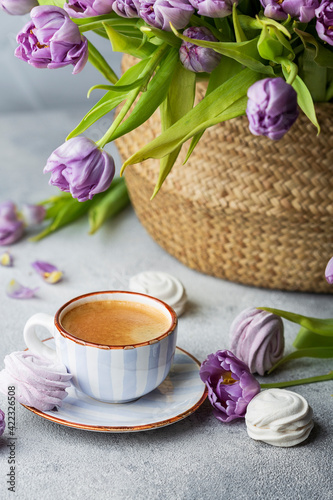 Spring Flat lay with coffee, tulips and marshmallows