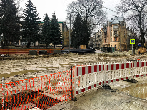 road repair on the city street reconstruction of the historical part of the city, SELECTIVE FOCUS