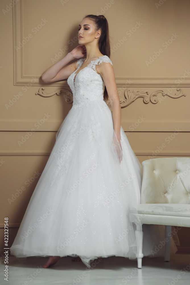 Happy bride in luxury sparkly wedding dress posing in studio on brown background. Marriage concept. Happy bride in luxury sparkly wedding dress posing in studio on brown background. Marriage concept.