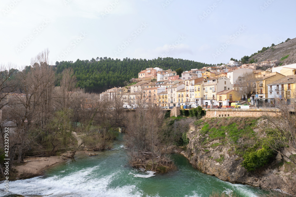 Jucar river and houses in Cuenca, Spain.