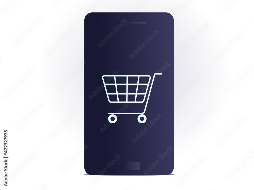 Smartphone screen with trolley for online shopping Smartphone screen with trolley for online shopping