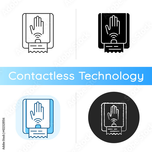 Touchless towel dispenser icon. Automatic device that has motion sensor which dispense towel when wet hands are placed below. Linear black and RGB color styles. Isolated vector illustrations