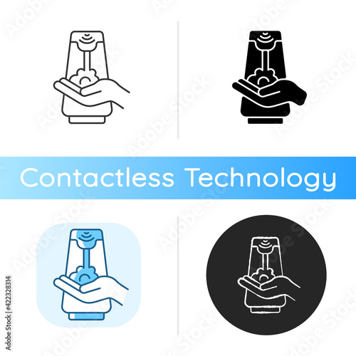 Touchless soap dispenser icon. Smart device that allow to use them without touching any surfaces that can contain germs. Linear black and RGB color styles. Isolated vector illustrations