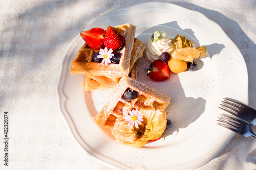 Belgian waffles with strawberry and powdered sugar on white plate