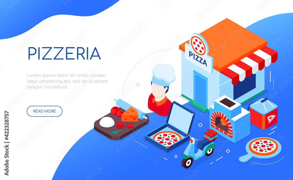 Fototapeta premium Pizzeria and delivery - modern colorful isometric web banner