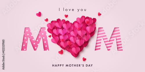 Happy Mothers Day banner. Holiday background with big heart made of pink and red Origami Hearts on soft pink background with paper cut Mom text. Design for fashion ads, poster, flyer, card, website