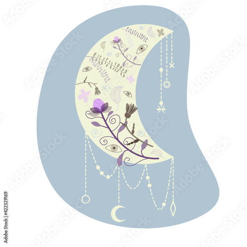 Crescent moon of flowers in a trendy minimalist  style. Vector floral pattern. design for logo, wedding invitation, greeting card, flower shop etc