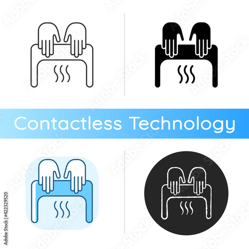 Automatic hand dryer icon. User never touches device and it saves energy since it stops running when person removes hands. Linear black and RGB color styles. Isolated vector illustrations