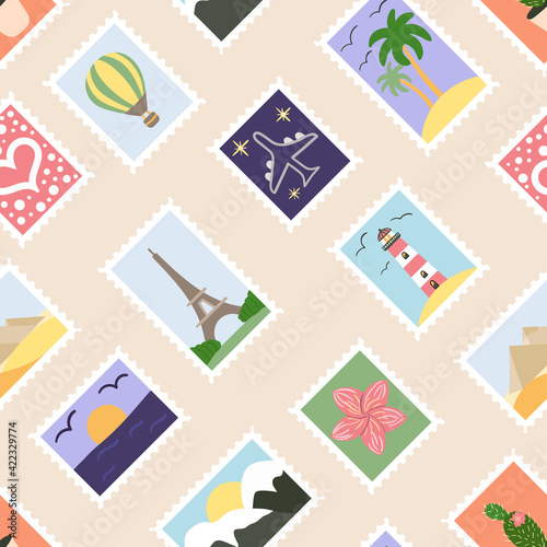 Seamless pattern of postage stamps with world attractions, landscapes, plants. Hand drawn vector illustration.