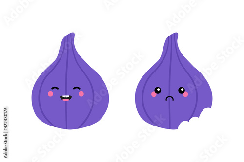 Couple of cartoon style fig fruit characters cute and smiling and sad with bite mark.
