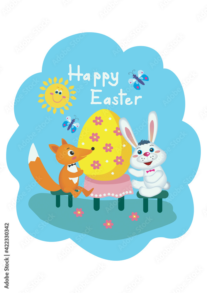 Rabbit and fox celebrate Easter. Easter greeting card. Vector image.
Rabbit and fox celebrate Easter. Easter greeting card. Vector image.