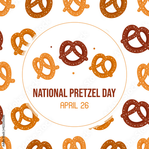 National Pretzel Day vector greeting card, illustration with cute brown pretzels and pattern background.
