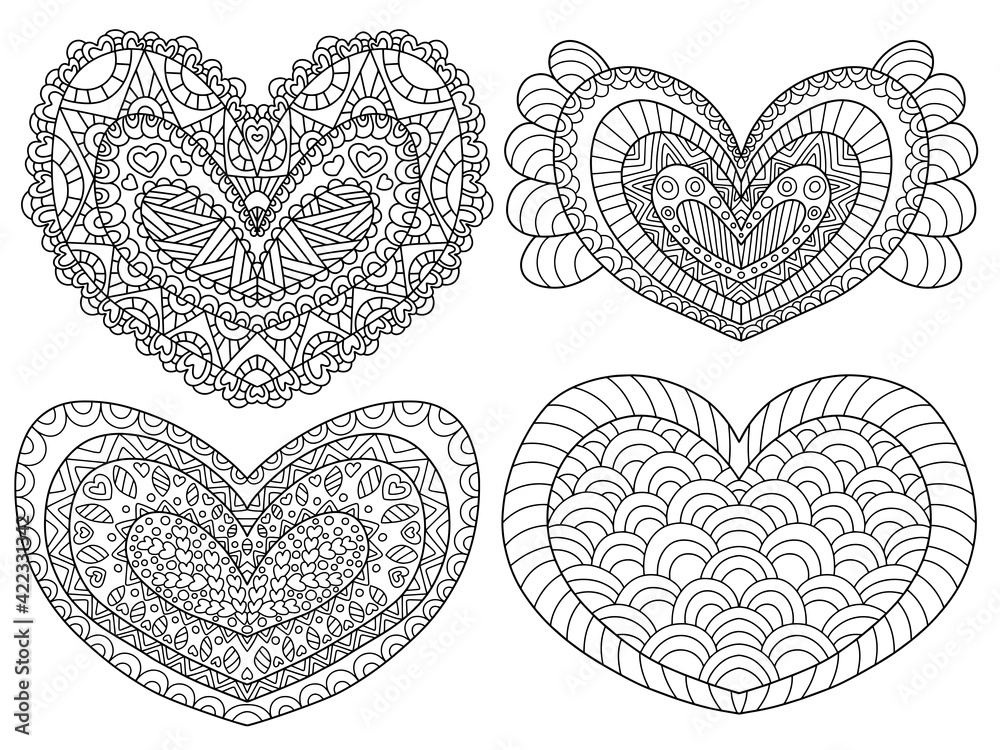 Heart shapes set ornamental zen art stock vector illustration. Four